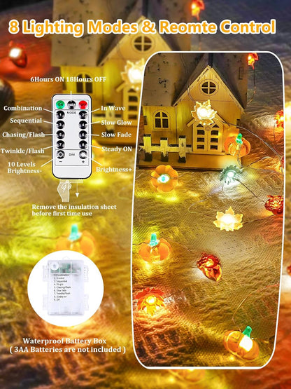 Fall Decorations 3D Pumpkin Acorn Maple Leaf Fairy Lights Battery Operated with Remote, 10FT 30 LED