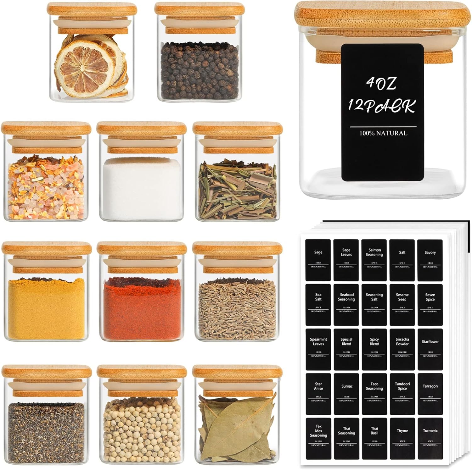 ComSaf 12Pcs Glass Spice Jars with Bamboo Lid, 4oz Airtight Square Spice Containers with 275 Black