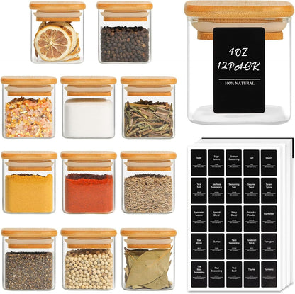 ComSaf 12Pcs Glass Spice Jars with Bamboo Lid, 4oz Airtight Square Spice Containers with 275 Black