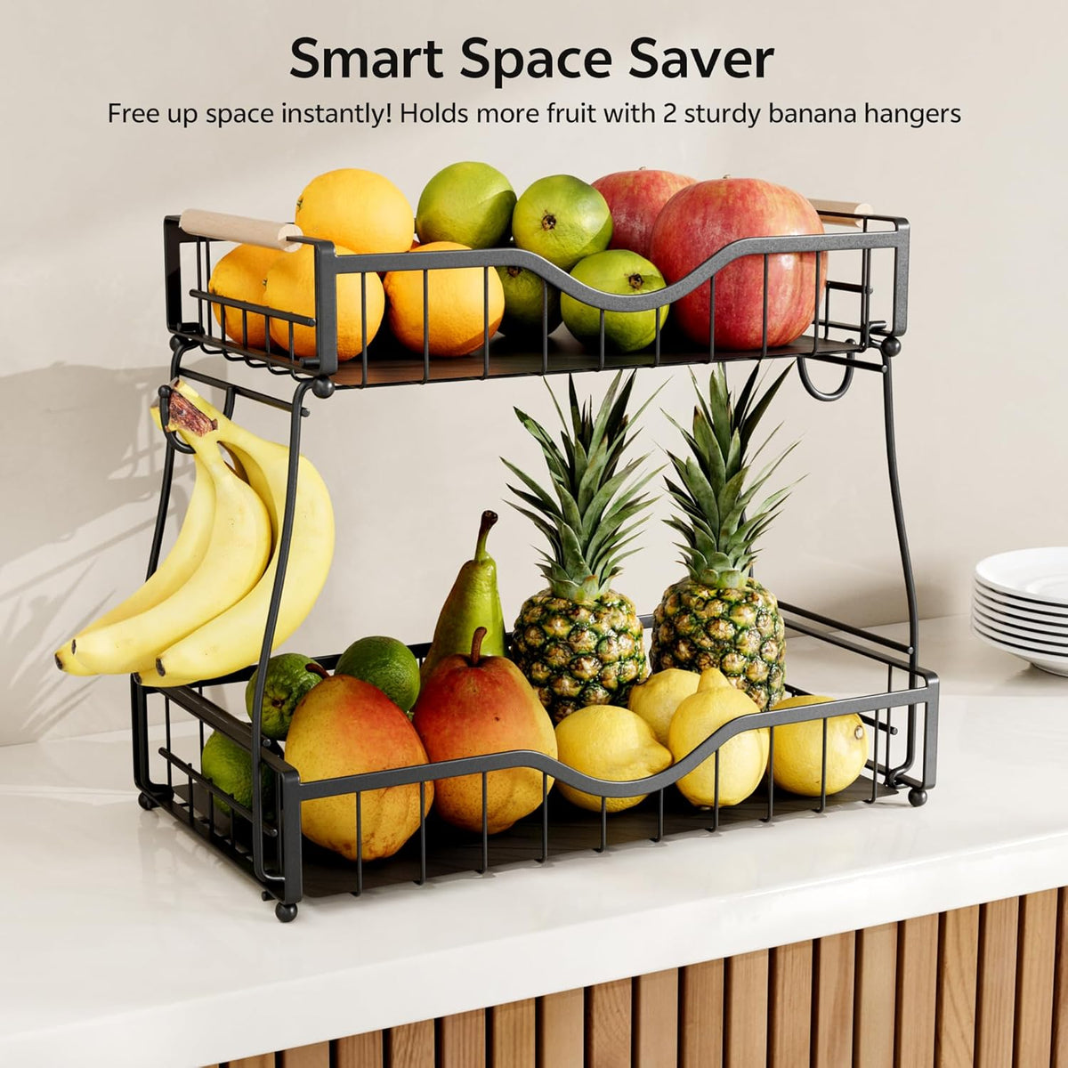 2 Tier Fruit Basket with 2 Banana Hangers, Fruit Bowl for Kitchen Countertop with 2 Wooden Handle
