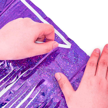 BRAVESHINE Purple Tinsel Foil Fringe Curtains - 2Pcs 3.2x8.2ft Metallic Holidays Photo Backdrop for