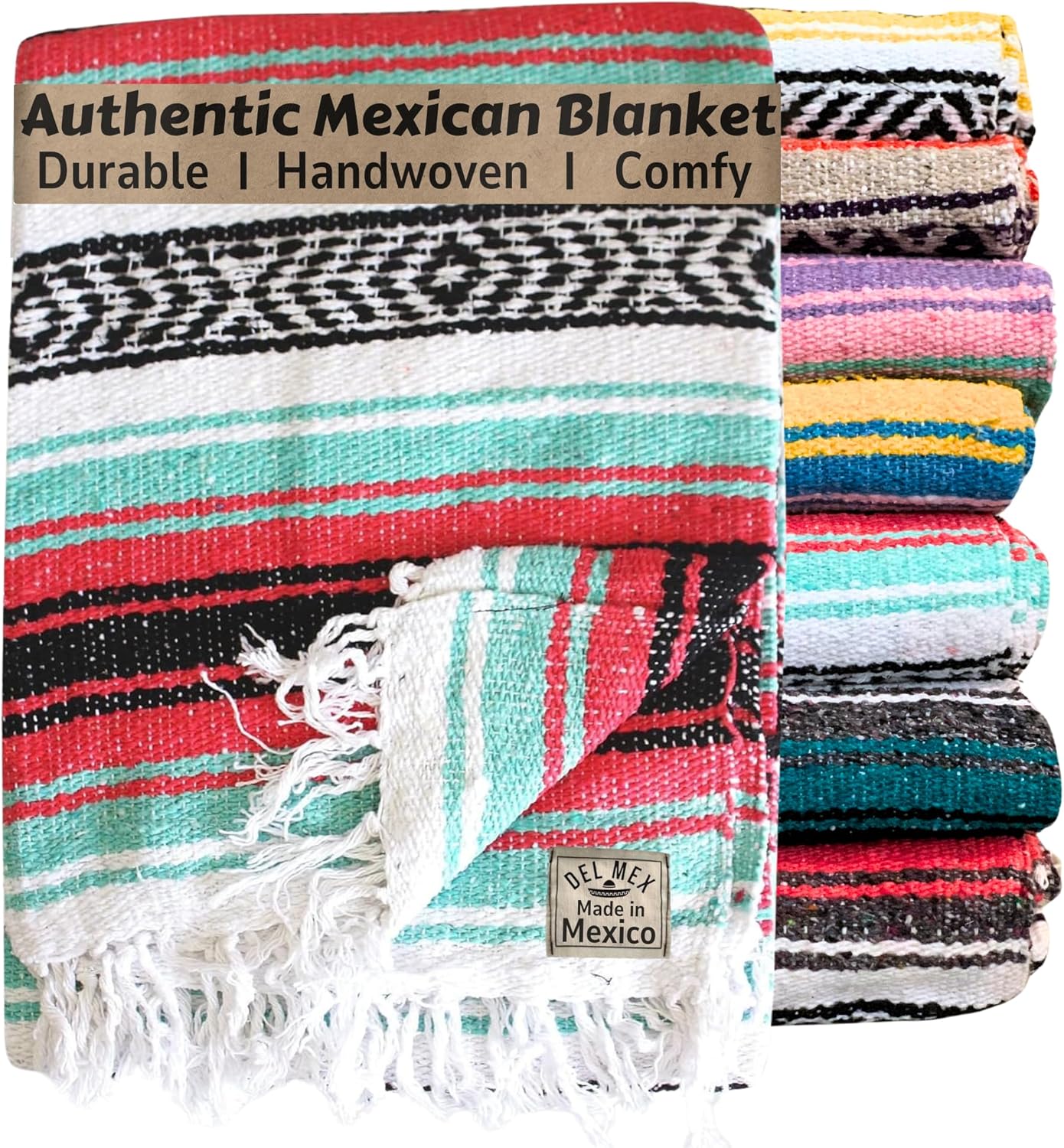 Del Mex Classic Mexican Blanket, Large Authentic Woven Falsa Throw (70"x50"), Artisan Southwest