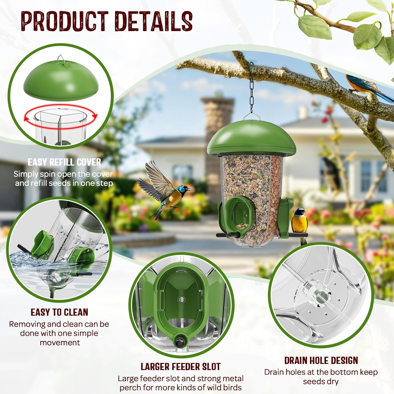 LONA Bird Feeders for Outdoors Hanging – 3 Separate Compartments, 3 Feeding Ports, Weatherproof