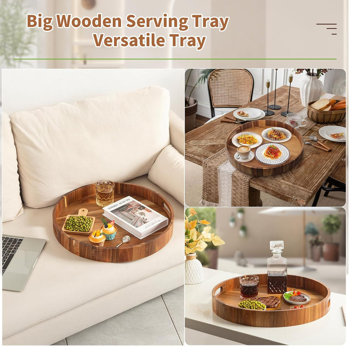 Large Ottoman Tray, 22" Big Ottoman Tray for Living Room, Large Serving Tray with Handles for