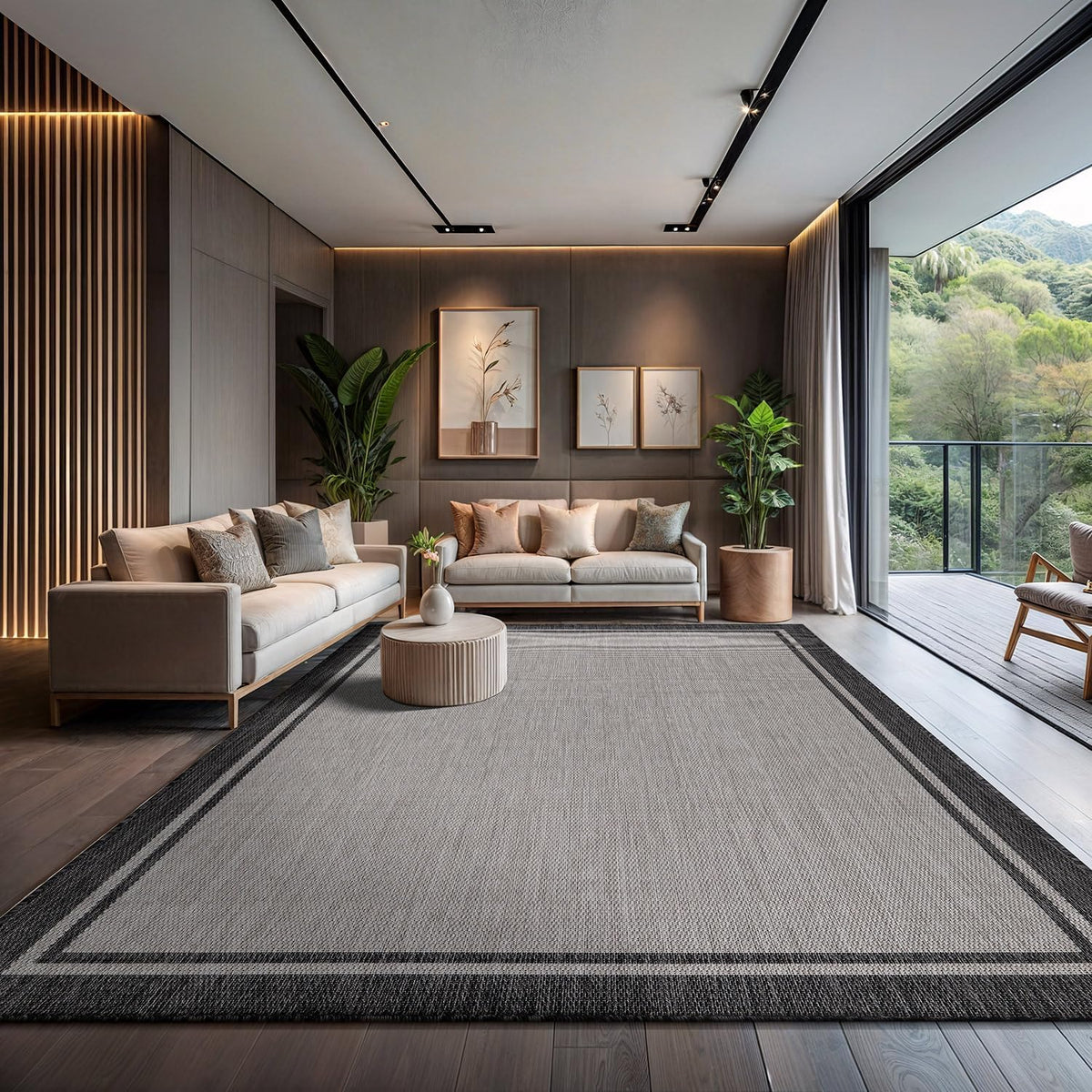 CAMILSON Indoor Outdoor Rug, 10x14 Bordered Gray Modern Area Rugs for Large Indoor and Outdoor