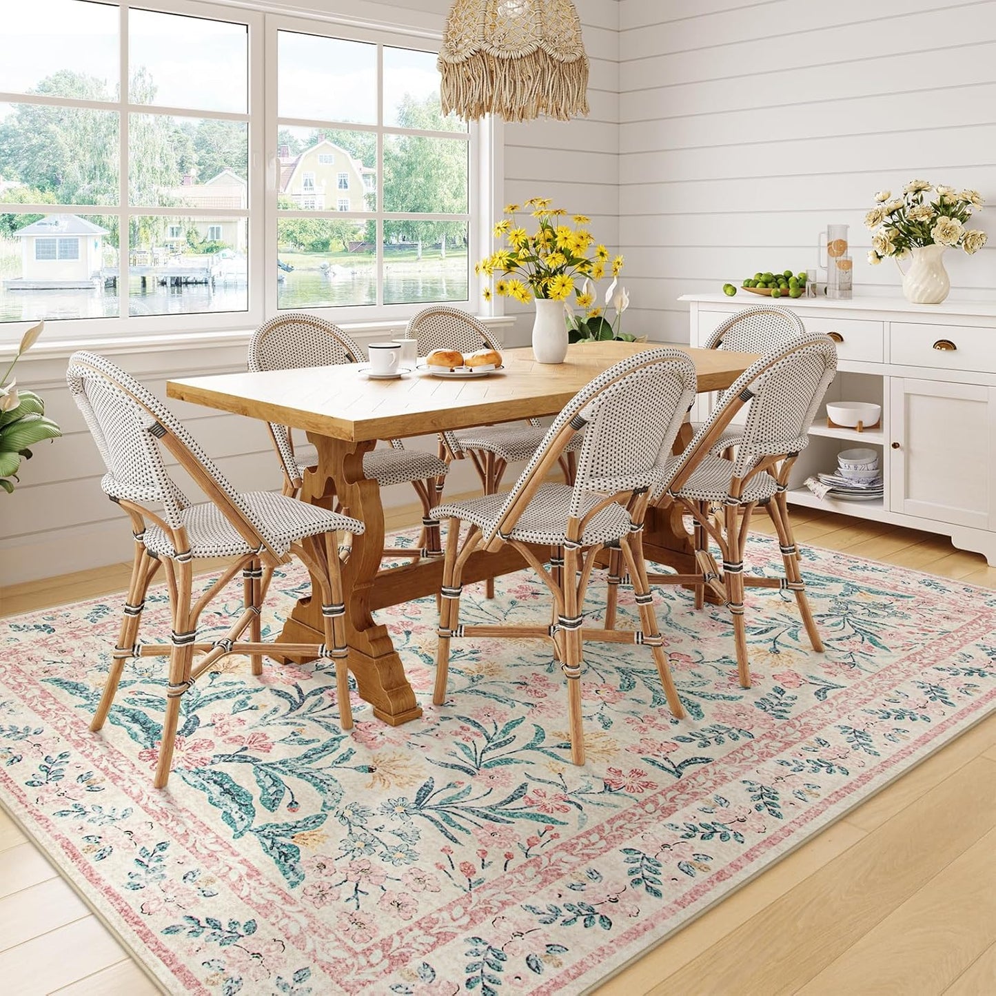 Wonnitar Washable Area Rug 6x9, Pink Floral Rugs for Bedroom Girls Soft Living Room Carpet