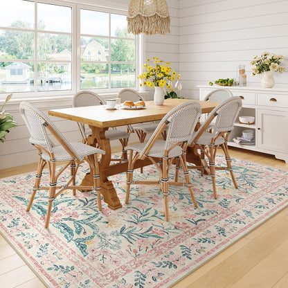 Wonnitar Washable Area Rug 6x9, Pink Floral Rugs for Bedroom Girls Soft Living Room Carpet