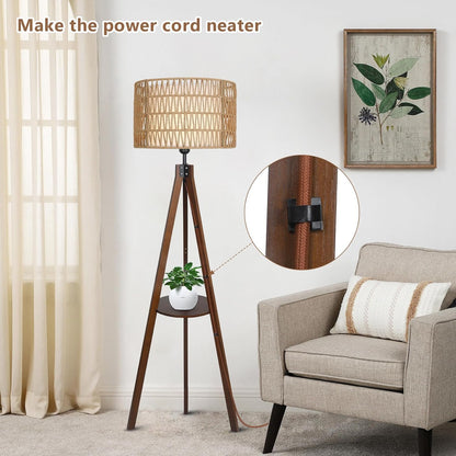 Boho Tripod Floor Lamp with Shelves, Mid Century Wood Standing Lamp with Rattan & Fabric Shades