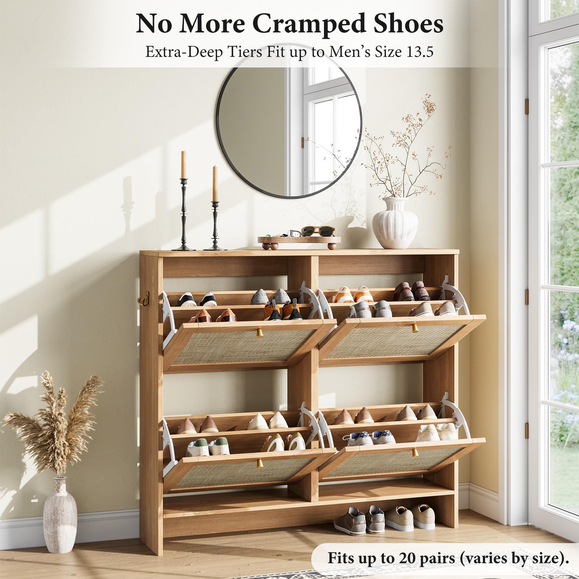 Nicetree Modern Rattan Shoe Cabinet, 4 Flip Drawers & Adjustable Shelves, Ultra Slim Freestanding