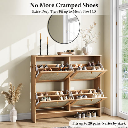 Nicetree Modern Rattan Shoe Cabinet, 4 Flip Drawers & Adjustable Shelves, Ultra Slim Freestanding