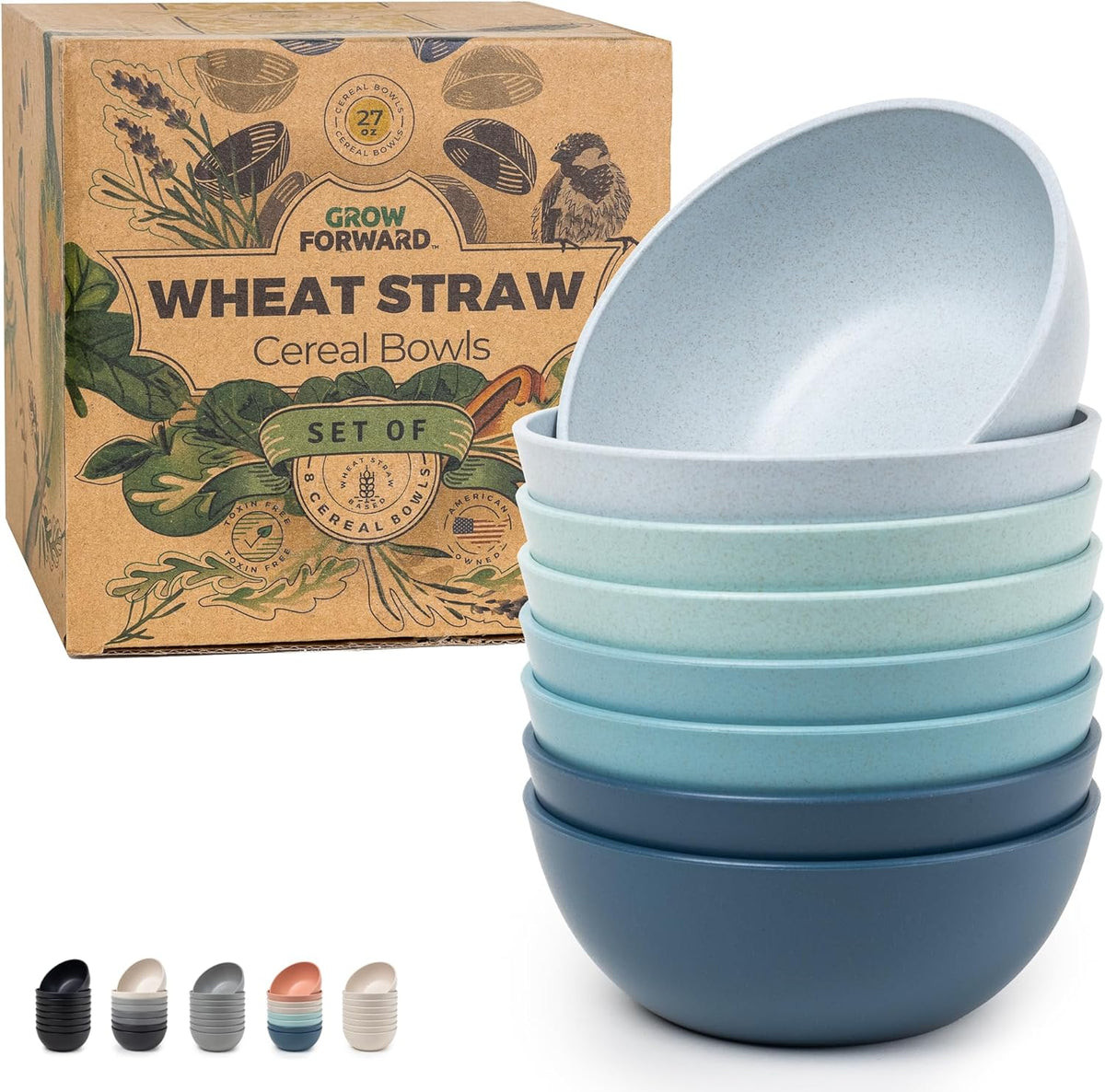 Grow Forward Premium Wheat Straw Bowls - 27oz Microwave Safe Plastic Cereal Bowls Set of 8 for
