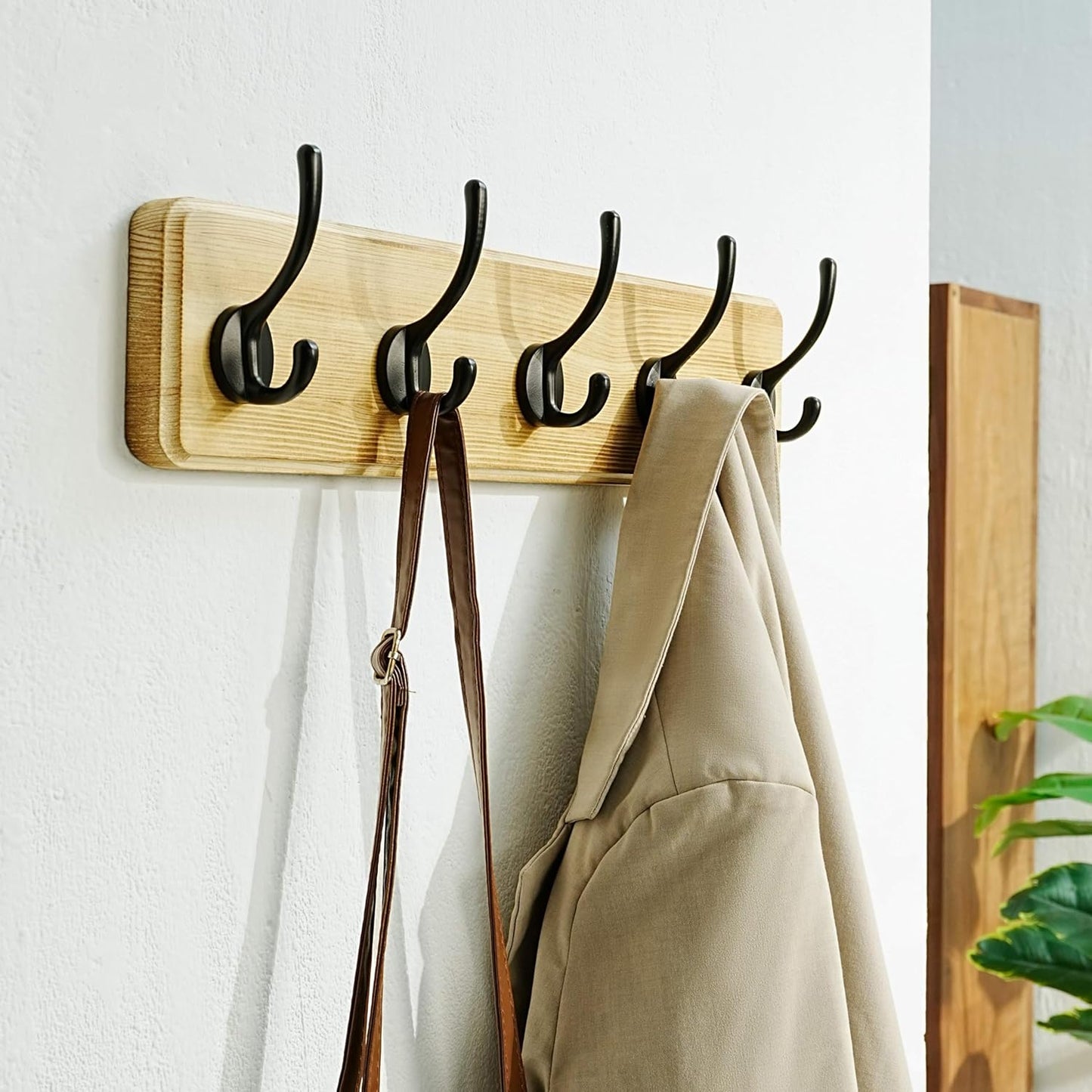 Dseap Coat Rack Wall: Patented, Heavy-Duty, 5-Double-Hooks Wooden Wall Mounted Coat Rack Coat