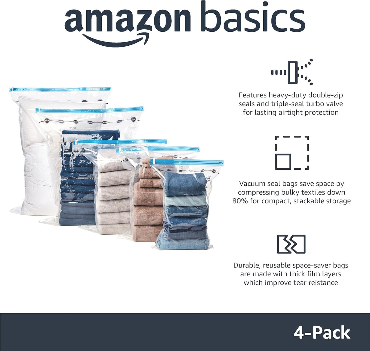 Amazon Basics Vacuum Compression Space Saving Storage Bags with Hand Pump for Clothes Packing
