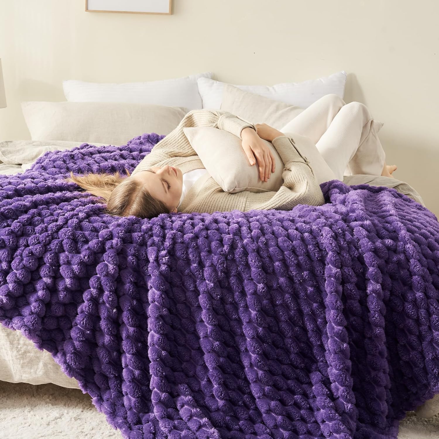 NEWCOSPLAY Super Soft Throw Blanket Purple Premium Silky Flannel Fleece 3D Clouds Stylish Jacquard