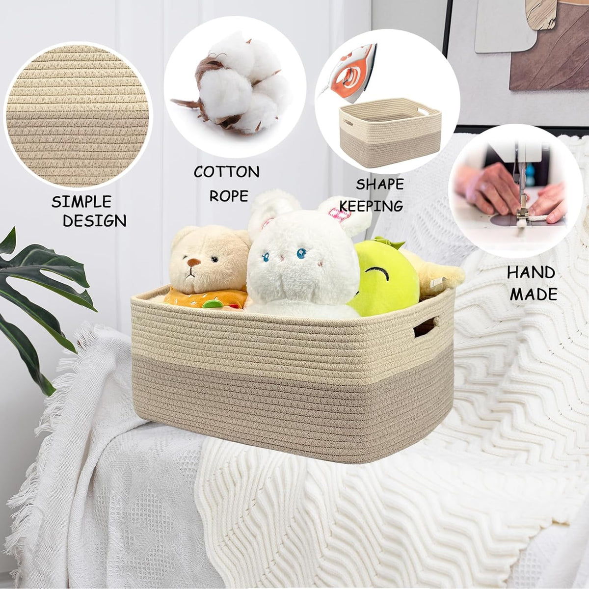 COMFY-HOMI Cotton Rope Woven Basket with Handles for Shelves,Toys,Book, Cloth Storage Baskets for