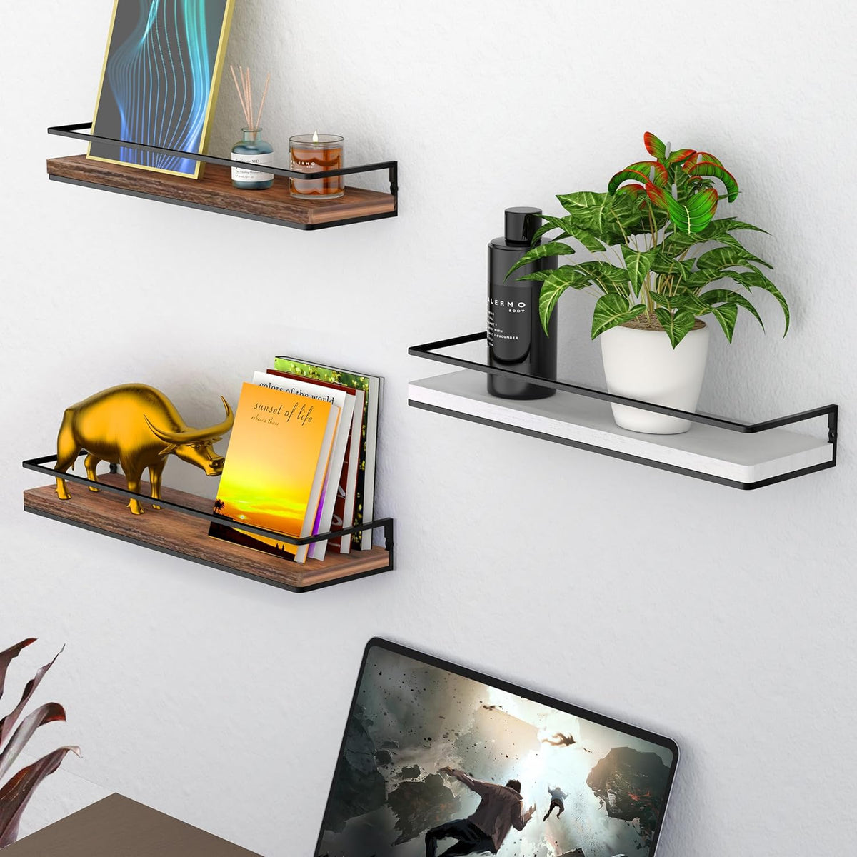 Meangood Floating Shelves Wall Mounted Set of 2, Wall Shelf with Towel Bar Rustic Wood Wall Storage