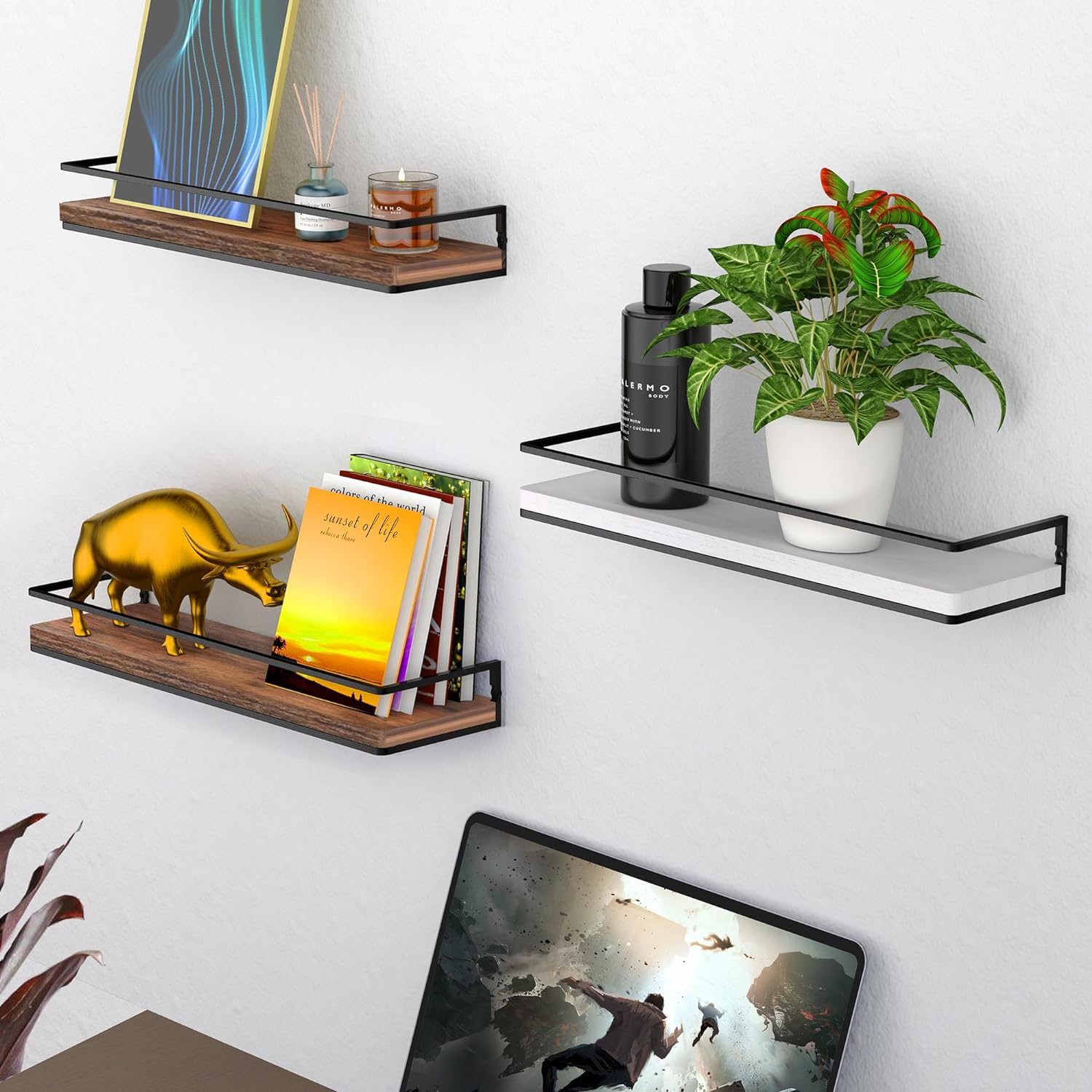 Meangood Floating Shelves Wall Mounted Set of 2, Rustic Wood Wall Storage Shelves for