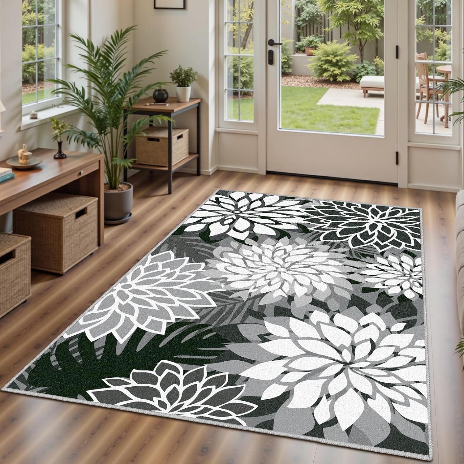 Area Rug 3x5 Black White Washable Entry Rug Multicolored Tropical Botanical Modern Floral Indoor