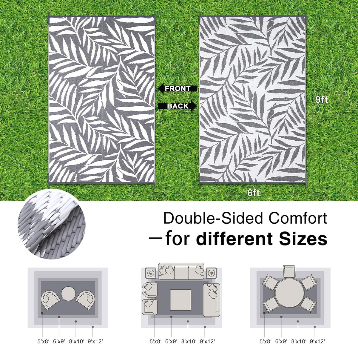 OLANLY Waterproof Outdoor Rug 6x9 ft, Reversible Outdoor Plastic Straw Rug with Leaf Pattern, RV