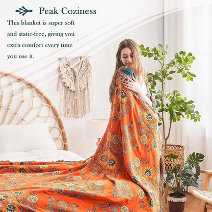 Boho Throw Blanket, 100% Cotton Ultra Soft Luxury Throw Rustic Quilt, 60"x80" Floral Printed