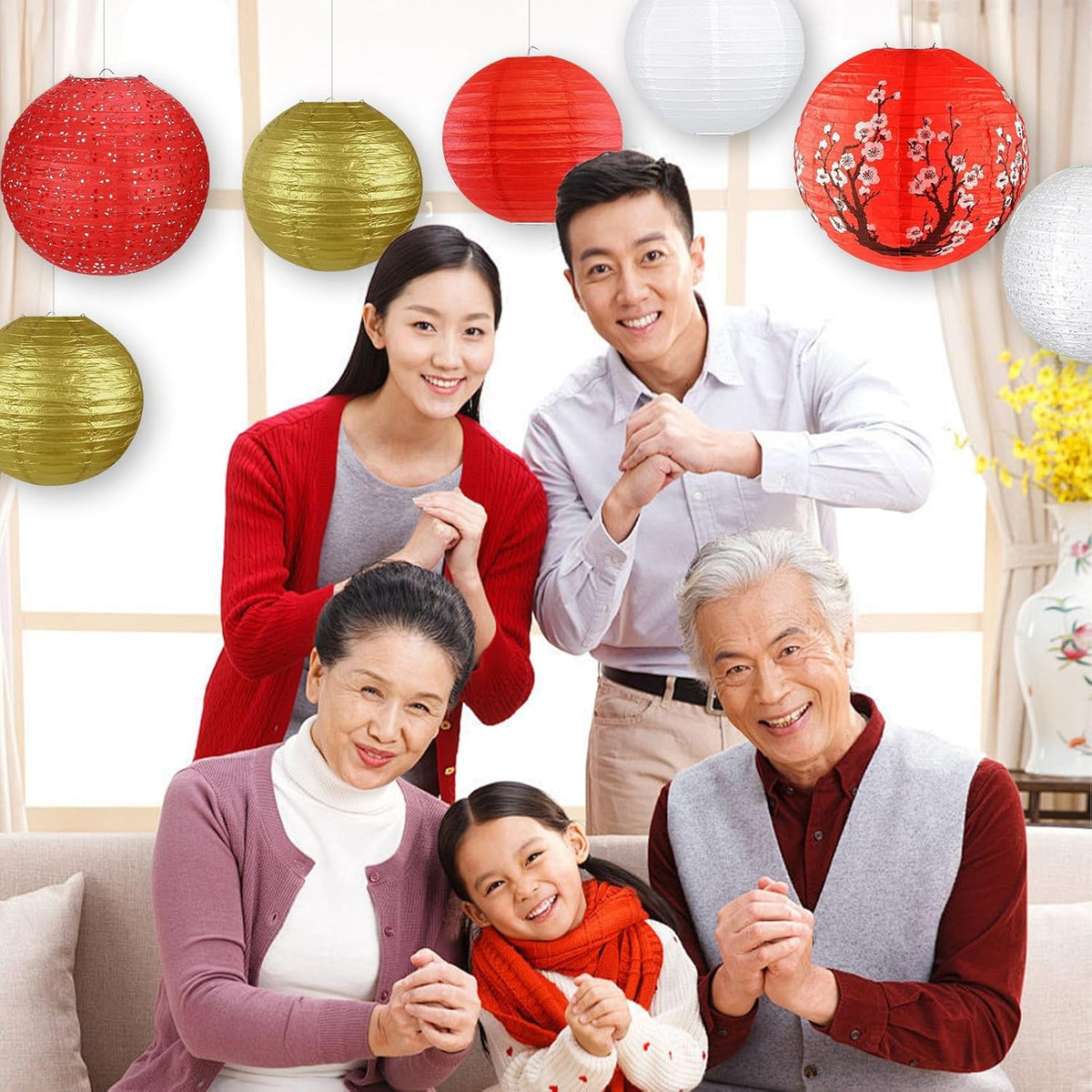 14Pcs Chinese Japanese Paper Lantern Assorted Sizes (8" 10" 12") Hanging Plum Blossom Red White