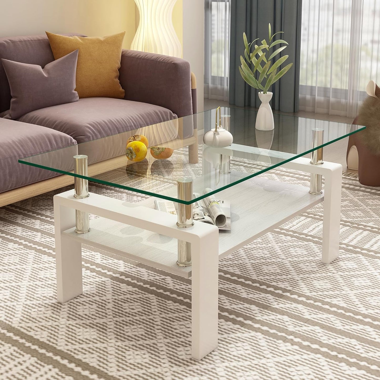 Glass Coffee Table Rectangle Living Room Center Table, with Transparent Tempered Glass Tabletop and