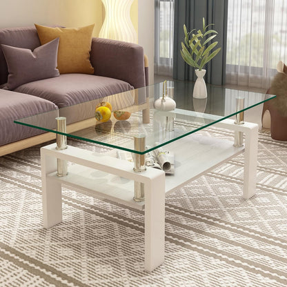 Glass Coffee Table Rectangle Living Room Center Table, with Transparent Tempered Glass Tabletop and