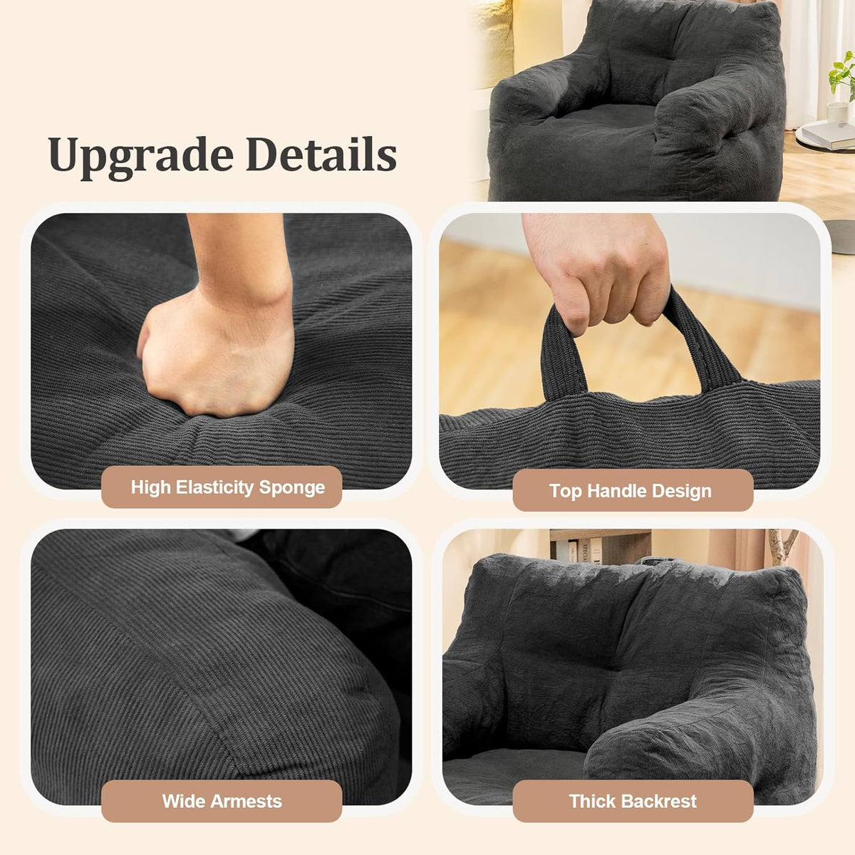 Bean Bag Chairs for Adults Ergonomic Support Reading Floor Sofa Chair with Filler Spacious (Grey)