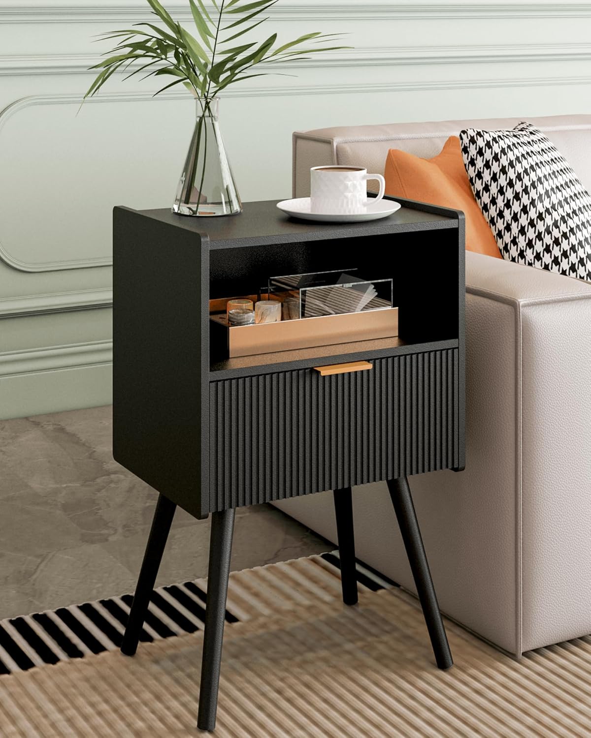 Nightstand,Modern Bedside Table with Storage Drawer and Open Wood Shelf, Accent Night Stand with