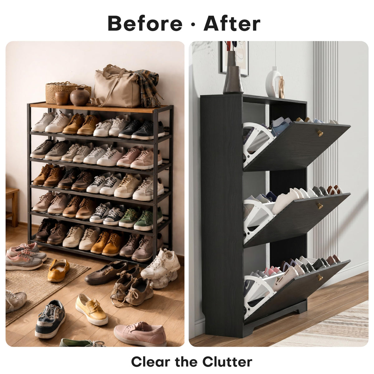 Nicetree Shoe Cabinet with 3 Flip Drawers, Entryway Shoes Organizer, Black