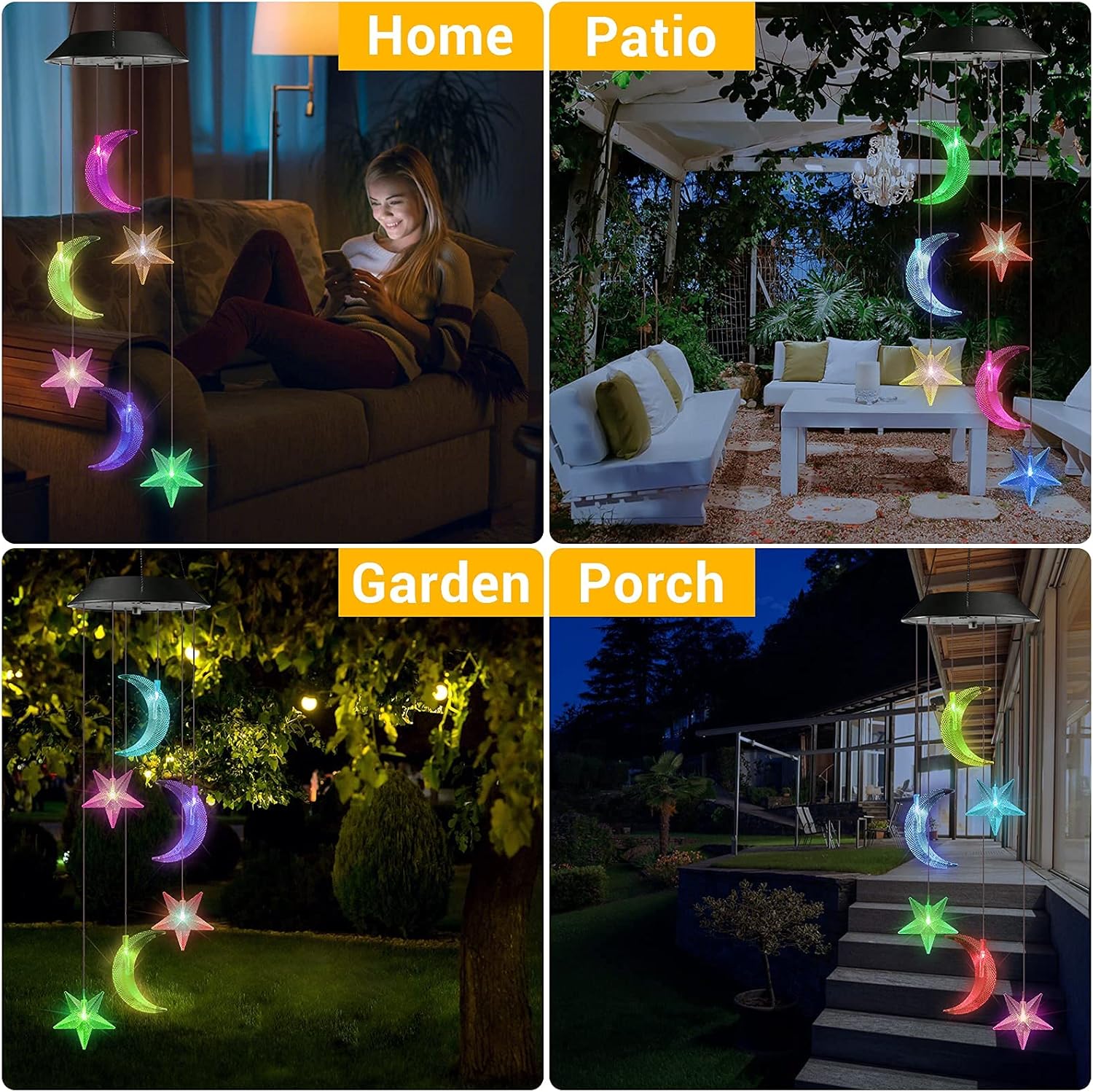 Toodour Solar Wind Chimes, Color Changing Wind Chimes Moon and Star, LED Decorative Mobile, Gift