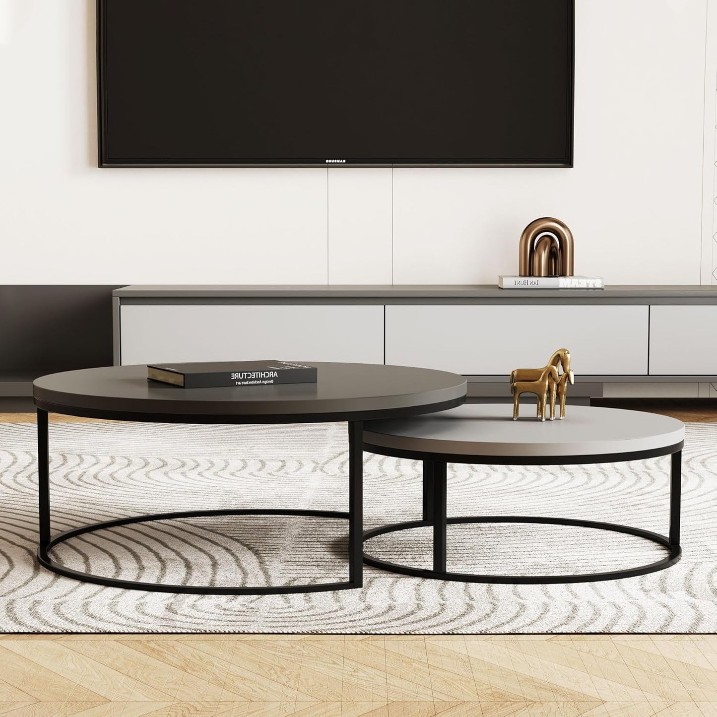 Modern Round Coffee Table Set, Nesting Cocktail Tables with Black Metal Legs, Dark Gray/Light Gray
