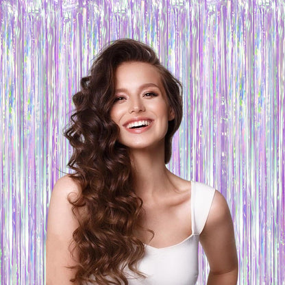 Iridescent Party Backdrop 3Packs, Transparent Tinsel Foil Fringe Curtain Streamers for Girls
