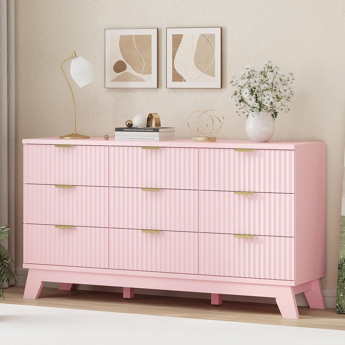 Fluted Dresser for Bedroom with 9 Drawers, 57" Wide Modern Chest of Drawers with Metal Handle
