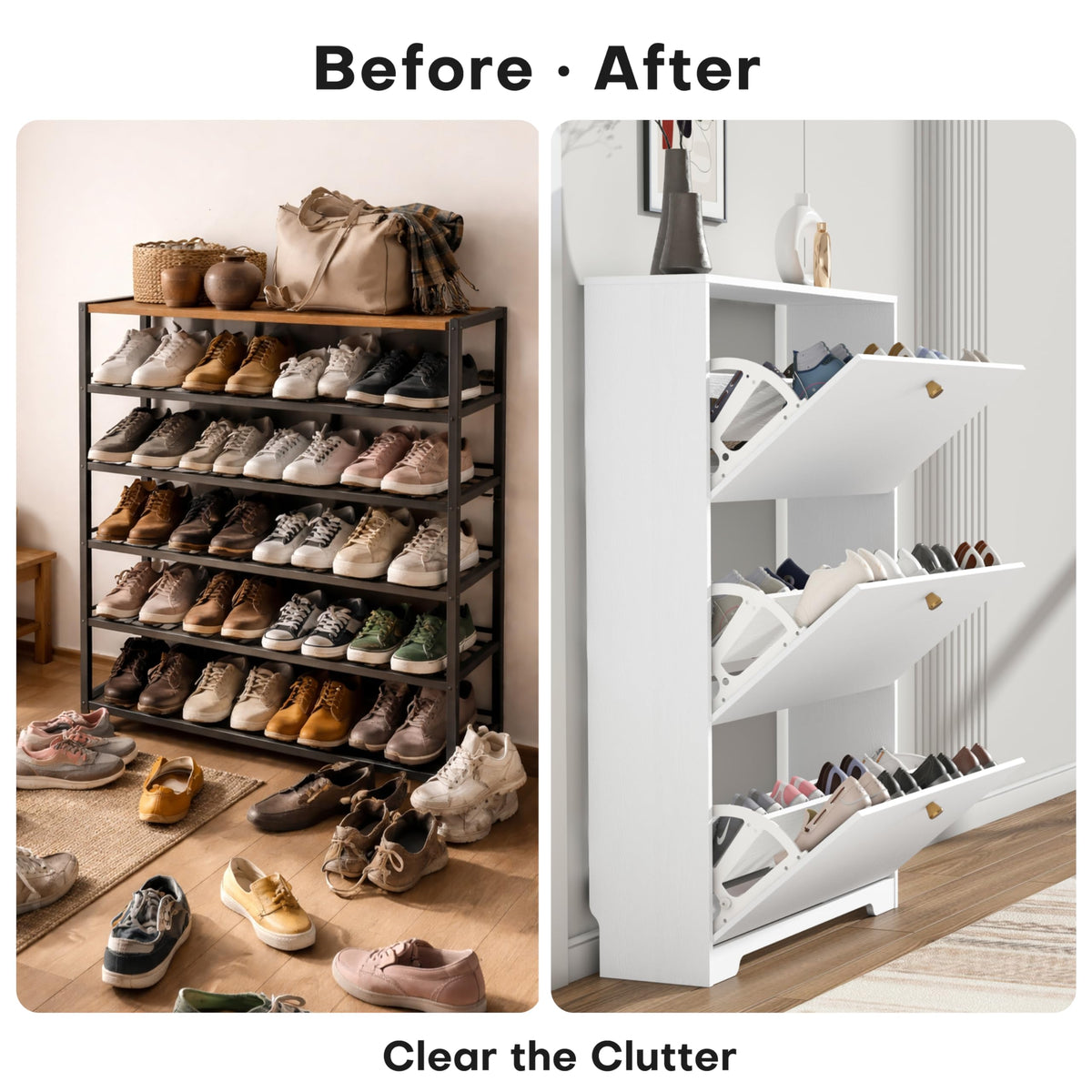 Nicetree Shoe Cabinet with 3 Flip Drawers, Modern Entryway Organizer, White