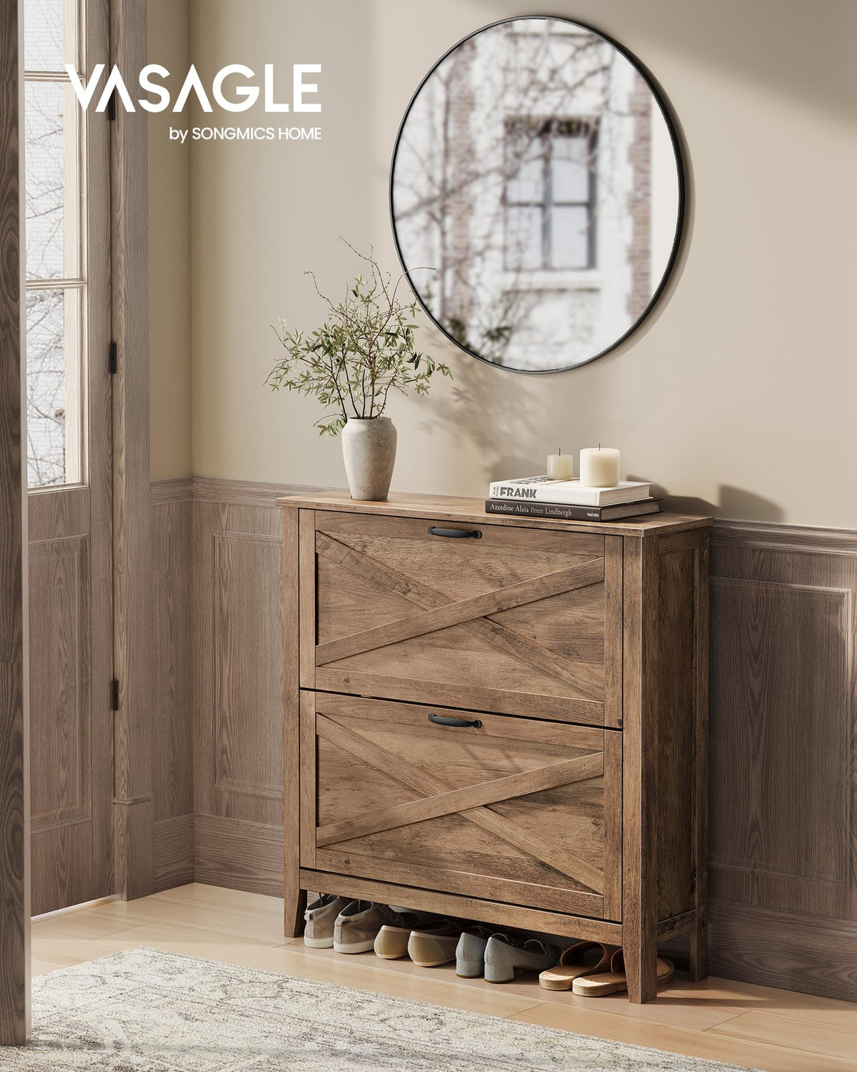 VASAGLE Farmhouse Shoe Cabinet, Narrow Storage Organizer, 2 Flip Drawers