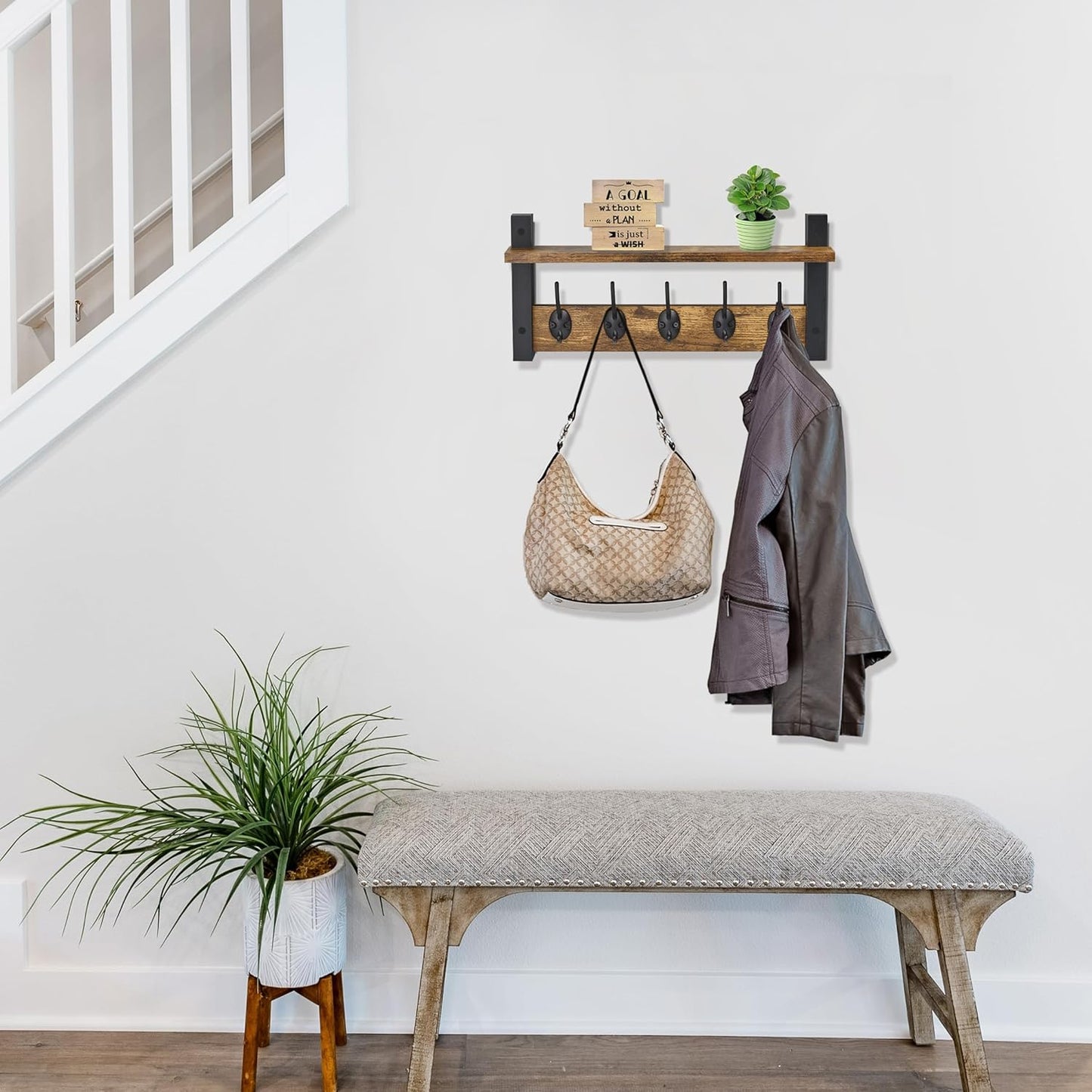 Sorbus Coat Hooks Wall Mount with Shelf – 16 Inch Coat Rack Wall Mount with 5 Heavy Duty Hooks