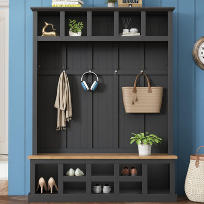 Farmhouse Wood Hall Tree with Bench and Shoe Storage, 5-in-1 Coat Rack with 6 Hooks for Entrance