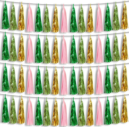 4P Pink-Gold Sage-Green Party-Decorations Foil Fringe Metallic Tassel Streamers Banner Tassel