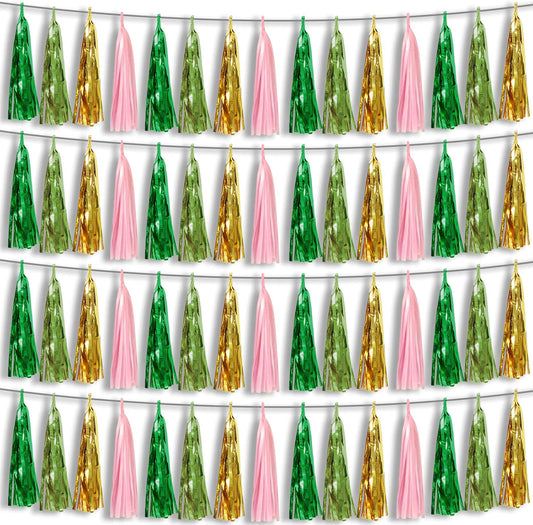 4P Pink-Gold Sage-Green Party-Decorations Foil Fringe Metallic Tassel Streamers Banner Tassel