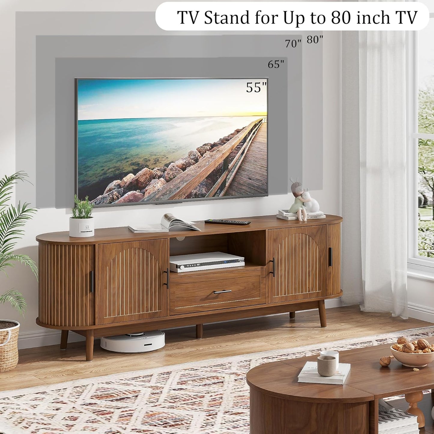 70" Fluted TV Stand for Tvs up to 80", Mid-Century Modern Entertainment Center with Drawers and