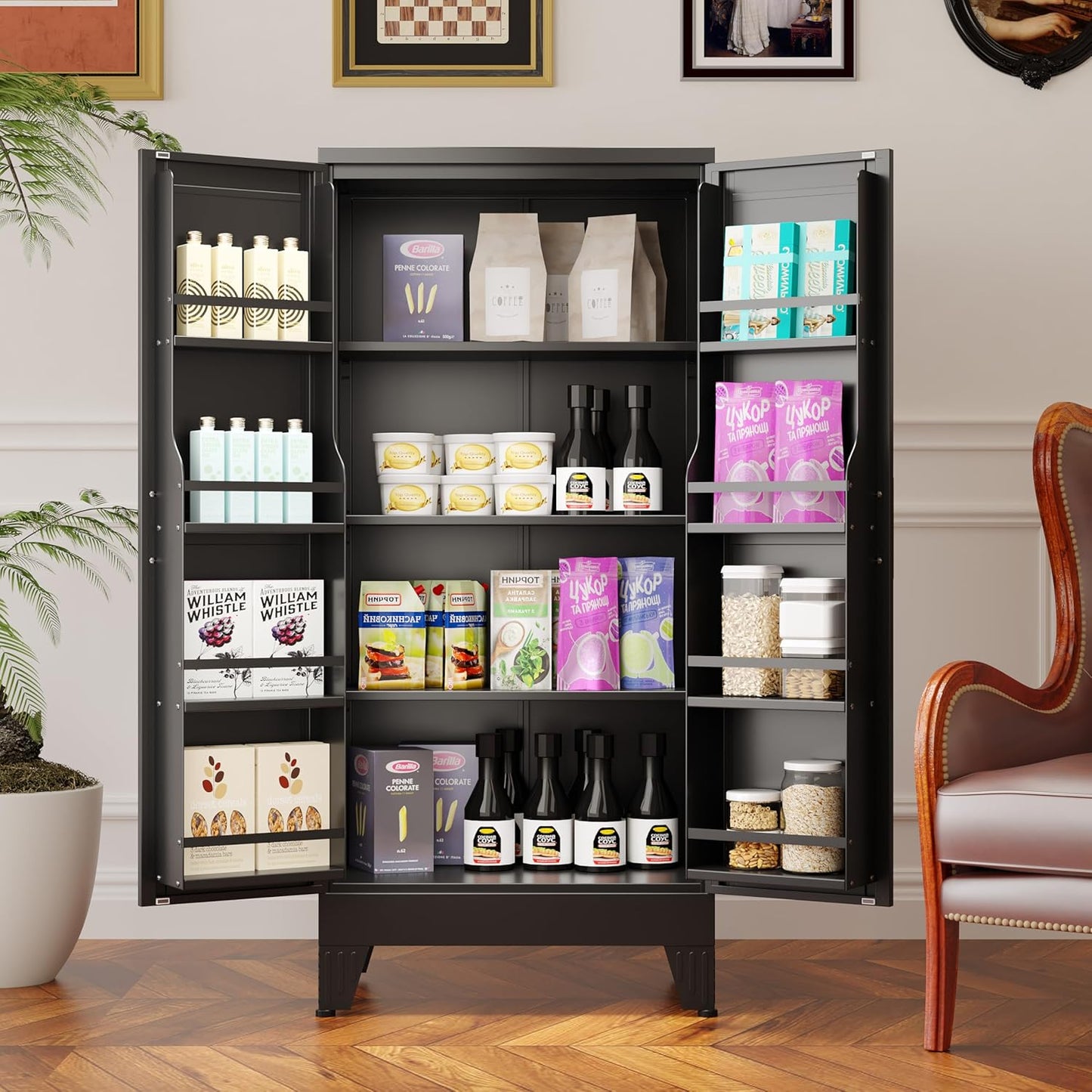 51" Metal Kitchen Pantry Cabinet, Storage Cabinets with 2 Door and 3 Adjustable Shelves, Black