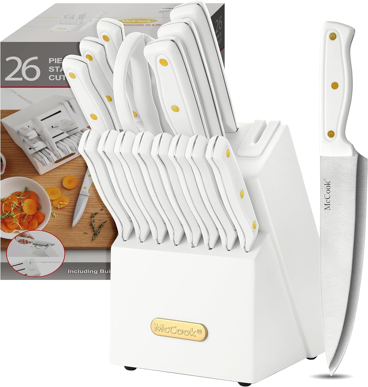 McCook® Knife Sets, White High Carbon Stainless Steel Kitchen Knife Sets with with Built-in