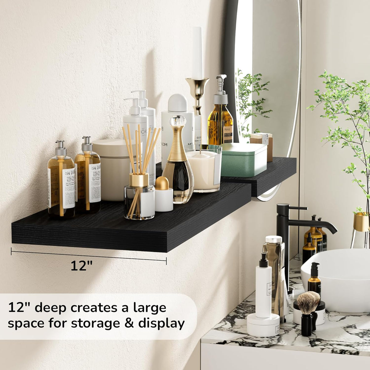 Fun Memories Floating Shelves - 2 Pack 12 Inch Rustic Wooden Wall Shelves - Extra Deeper & Thicker