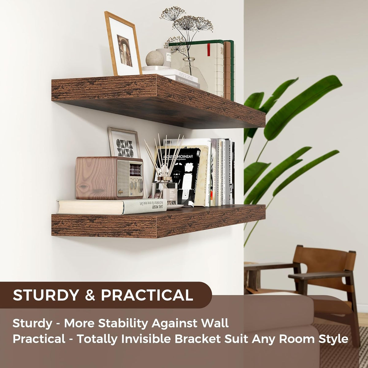Floating Shelves - 2 Large Wall Mounted Shelves with Invisible Brackets, Long Wood Floating Wall