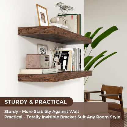 Floating Shelves - 2 Large Wall Mounted Shelves with Invisible Brackets, Long Wood Floating Wall