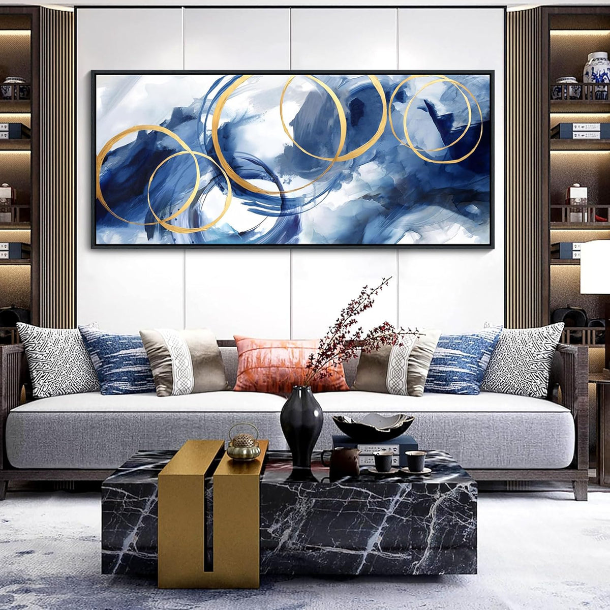 AJAZIKO Blue Abstract Canvas Wall Art Modern Wall Decor Artwork for Walls Living Room Large