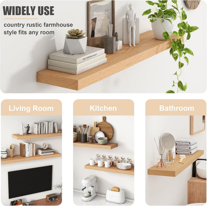 Floating Shelves for Wall, USA-Sourced Oak Wood 36 Inch Long Wall Shelves Set of 2, Natural Wooden