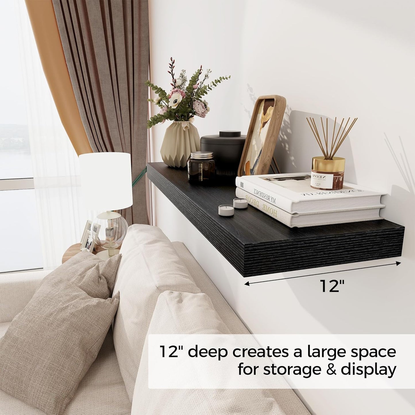Black Floating Shelves 36 Inch Long, 12 Inch Deep Floating Shelves for Wall, 36 x 12 Shelves for
