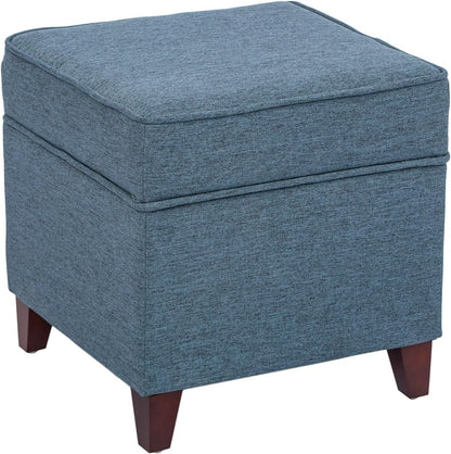 Adeco 17" Square Ottoman with Storage, Small Blue Storage Ottoman Foot Rest with Hinged Lid & Solid